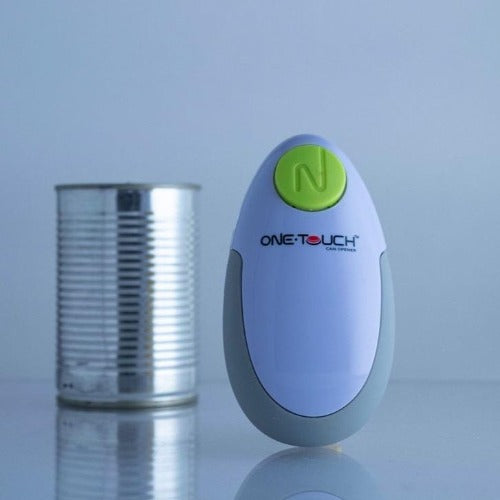 automatic can opener by one touch. white with green button. battery operated makes opening cans simple just use one finger