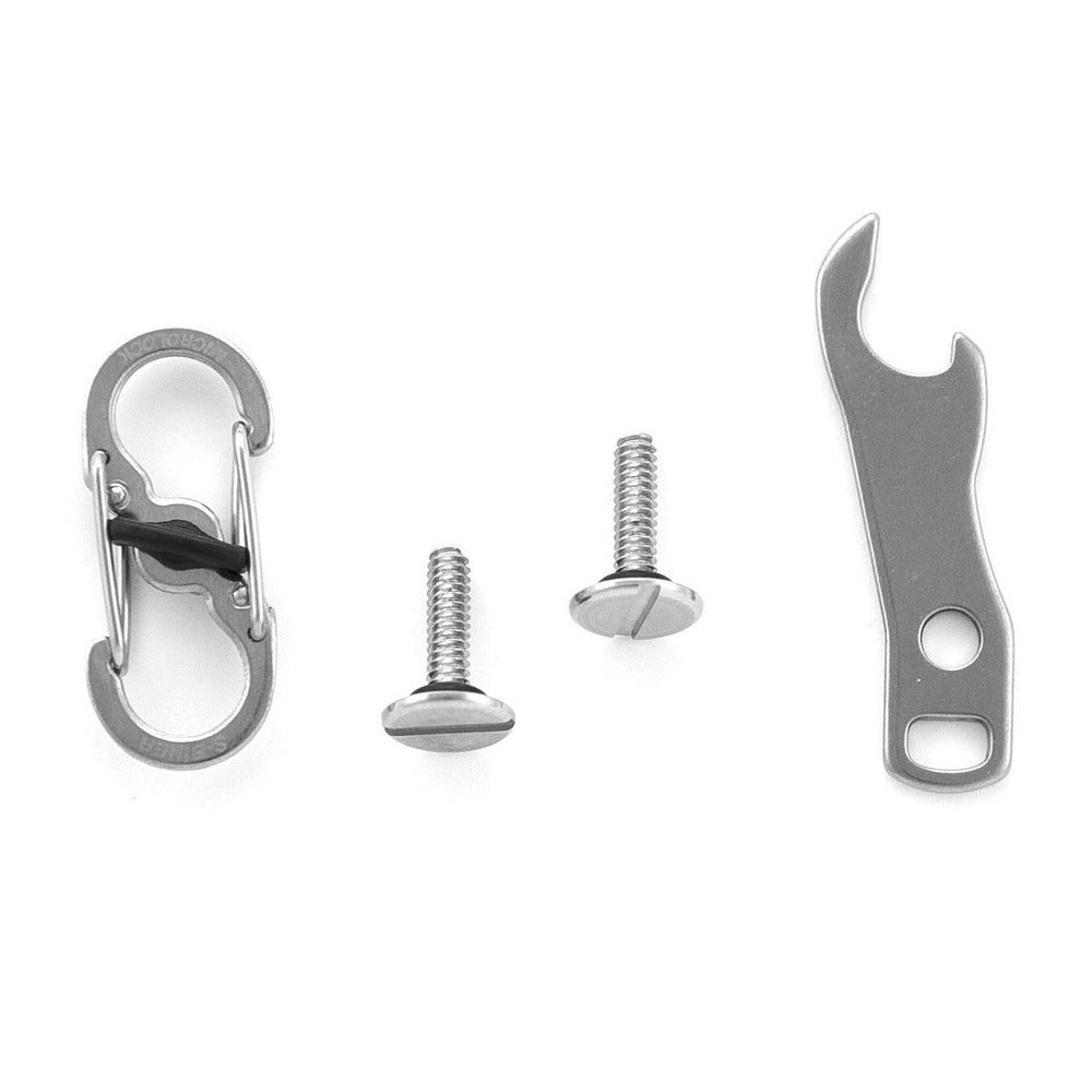 An accessory kit to improve the functionalities of your KeySmart.  This handy accessories pack includes extension screws to expand your KeySmart holding capacity, a stainless steel bottle opener to attach to your KeySmart holder and a S-Biner MicroLock for attaching your KeySmart holder to car fobs, belts or bags.