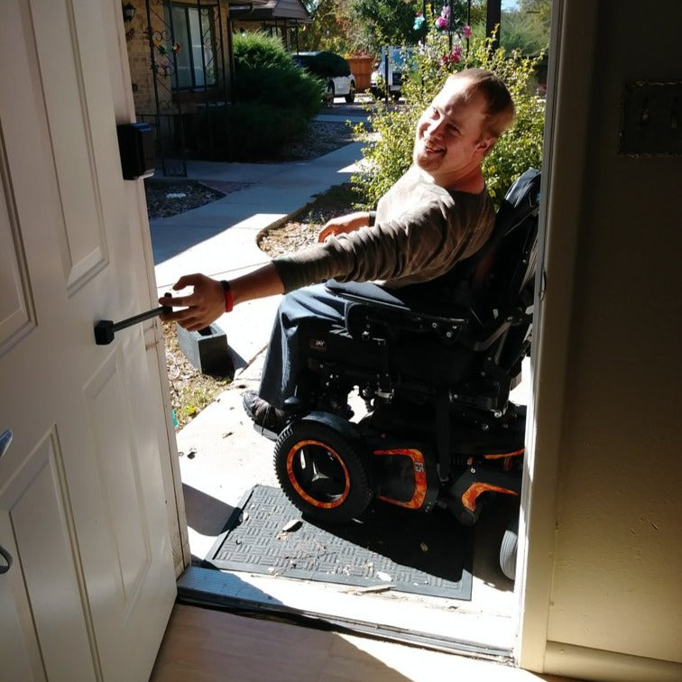 The most efficient way to close a door from a wheelchair, walking aid or mobility device. The T-Pull is ergonomic, durable and easy to install.   This simple yet effective device provides the right leverage in closing doors from outside the door frame with minimal effort. Swivelling handle for ergonomic use and tucks against the door when not in use, making it also aesthetically pleasing.